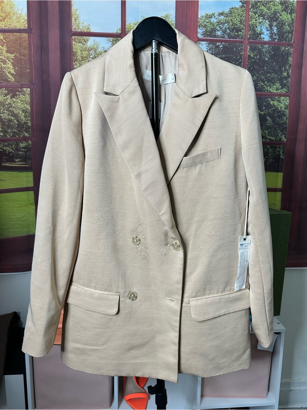 Vintage Happy Nature Women's Double-Breasted Tan Blazer